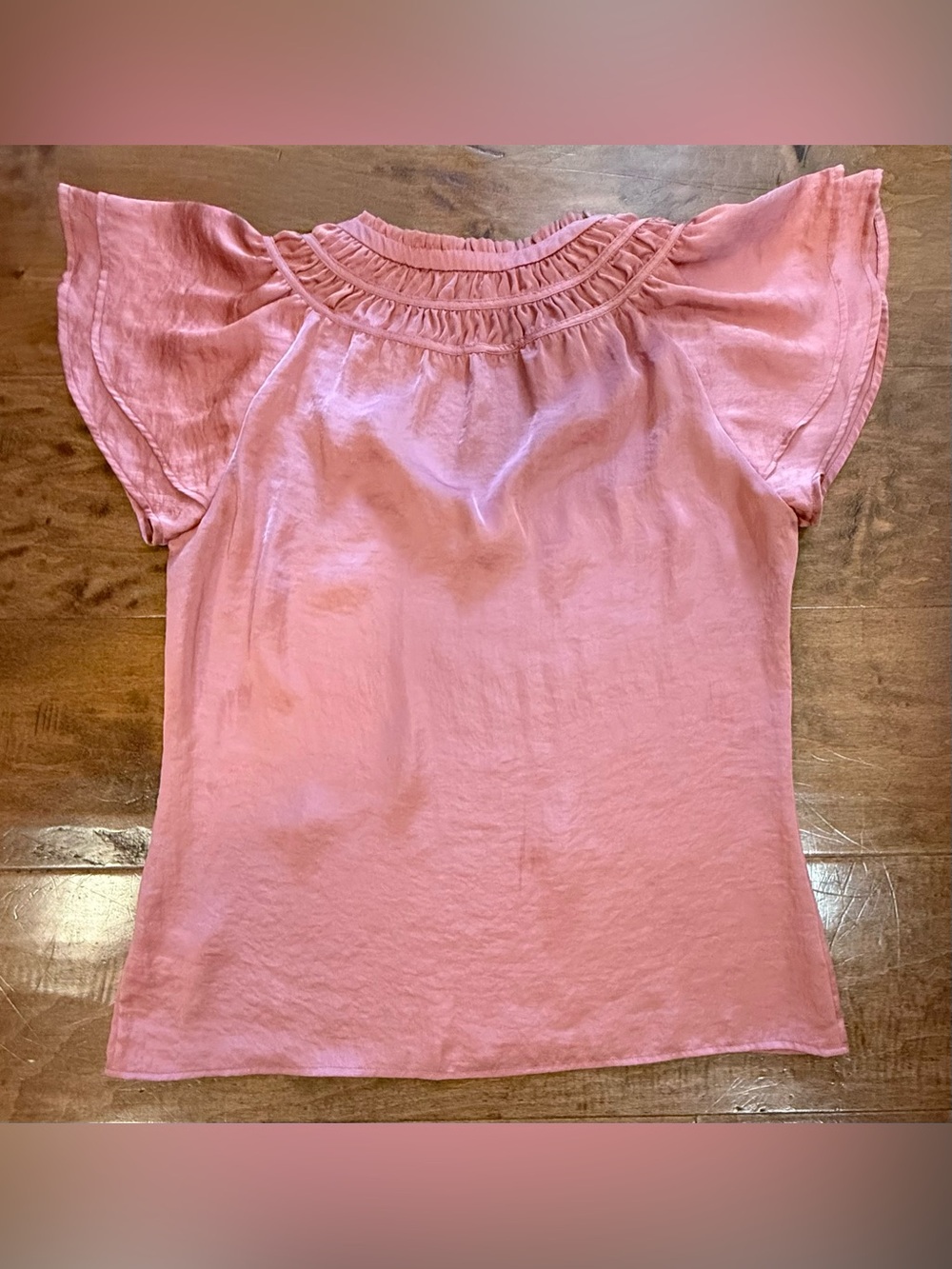 PAIGE Pink Terracotta Satin Finish Flutter Sleeve Top S - Picture 7 of 11